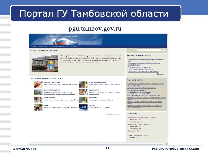 Портал ГУ Тамбовской области pgu. tambov. gov. ru www. ar. gov. ru 11 Минэкономразвития