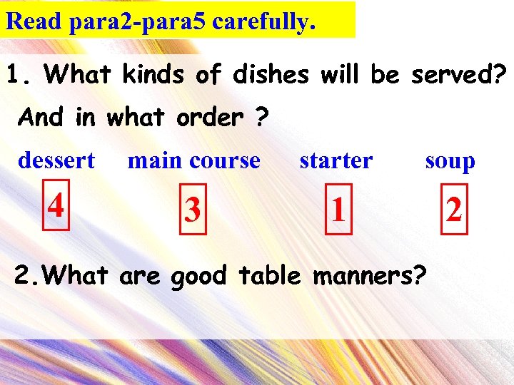 Read para 2 -para 5 carefully. 1. What kinds of dishes will be served?