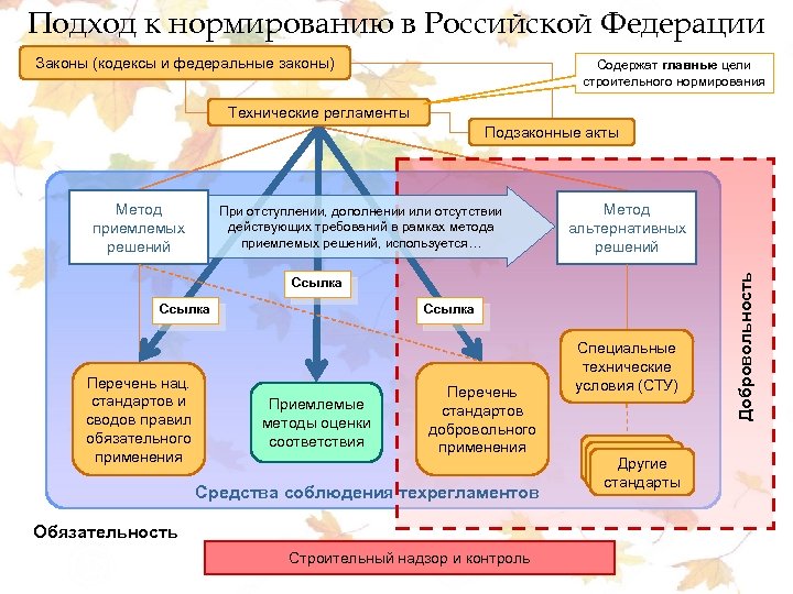 Подход к нормированию в Российской Федерации Законы (кодексы и федеральные законы) Содержат главные цели