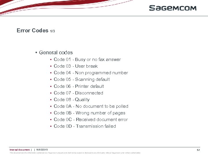 Error Codes 1/3 • General codes • • • Internal document | Code 01
