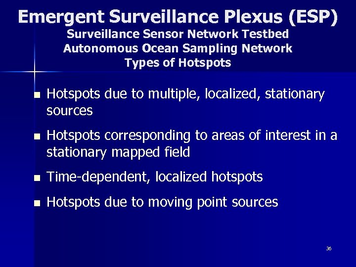 Emergent Surveillance Plexus (ESP) Surveillance Sensor Network Testbed Autonomous Ocean Sampling Network Types of