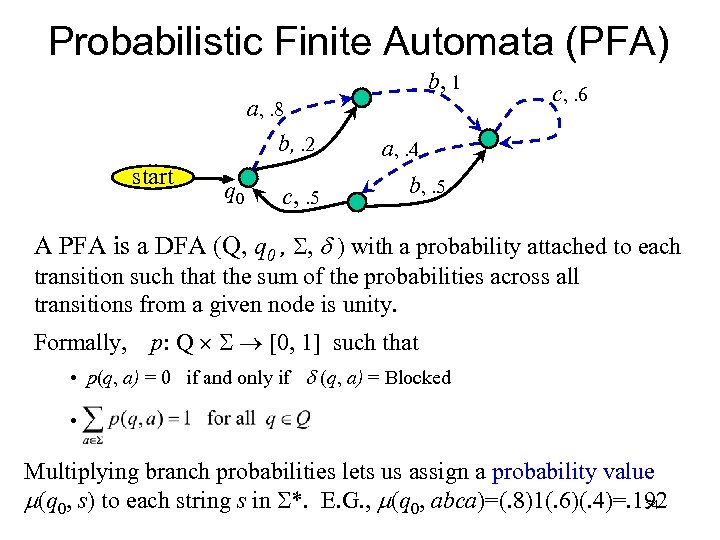 Probabilistic Finite Automata (PFA) b, 1 a, . 8 b, . 2 start q