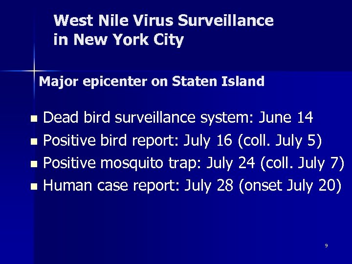 West Nile Virus Surveillance in New York City Major epicenter on Staten Island Dead