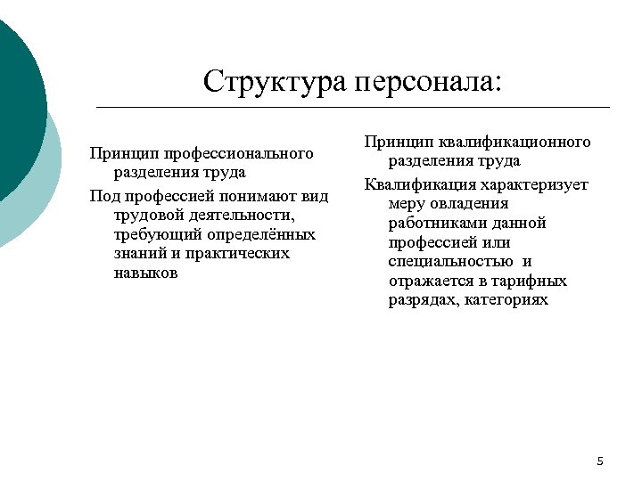 Структура персонала: Принцип профессионального разделения труда Под профессией понимают вид трудовой деятельности, требующий определённых