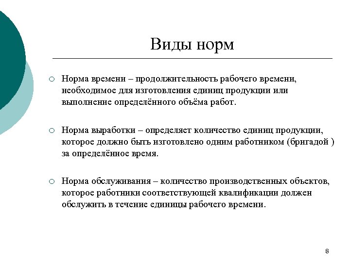 Виды норм ¡ Норма времени – продолжительность рабочего времени, необходимое для изготовления единиц продукции