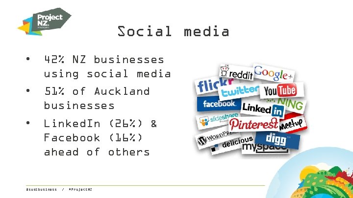 Social media • 42% NZ businesses using social media • 51% of Auckland businesses