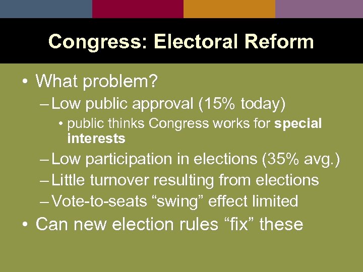 Congress: Electoral Reform • What problem? – Low public approval (15% today) • public