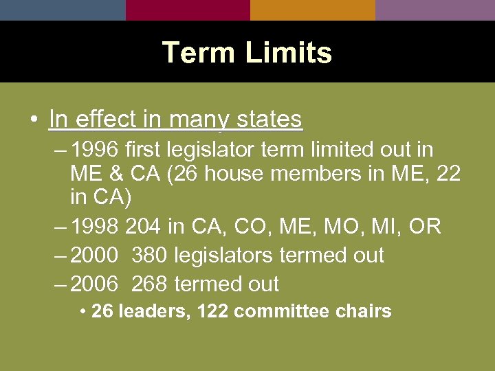 Term Limits • In effect in many states – 1996 first legislator term limited