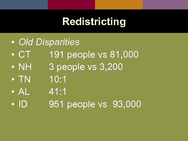 Redistricting • • • Old Disparities CT 191 people vs 81, 000 NH 3