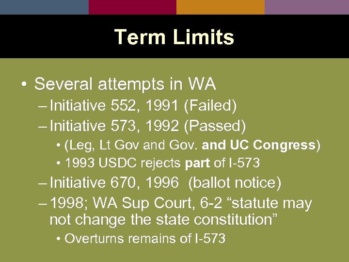 Term Limits • Several attempts in WA – Initiative 552, 1991 (Failed) – Initiative