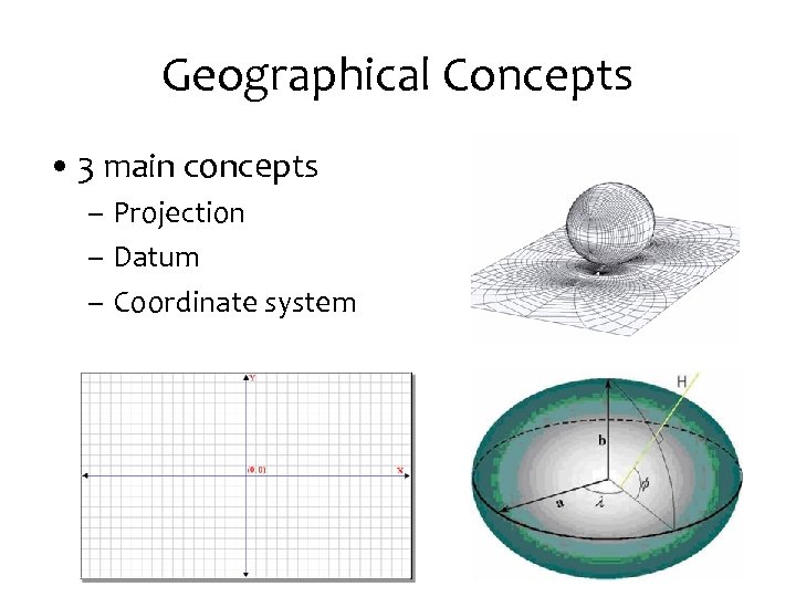 Geographical Concepts • 3 main concepts – Projection – Datum – Coordinate system 