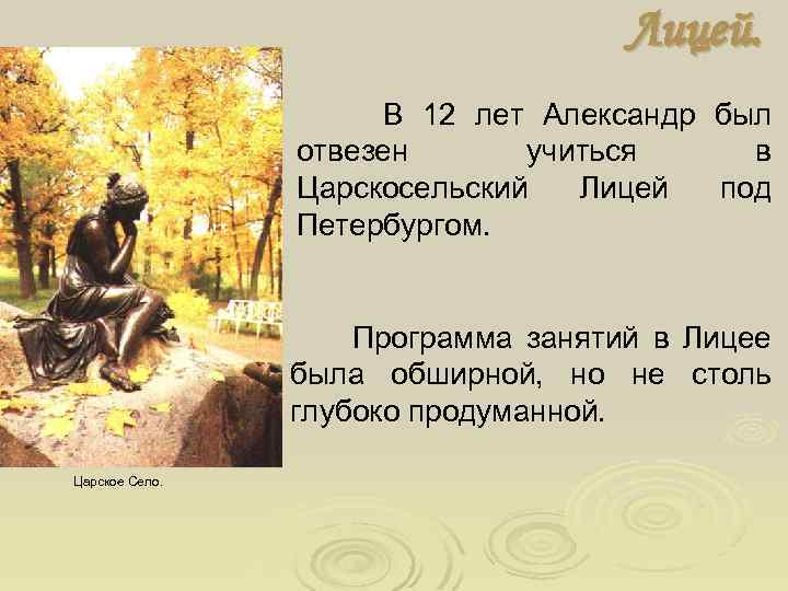 Лицей. В 12 лет Александр был отвезен учиться в Царскосельский Лицей под Петербургом. Программа