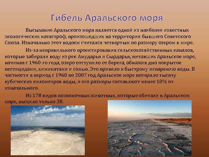Гибель Аральского моря Высыхание Аральского моря является одной из наиболее известных экологических катастроф, произошедших