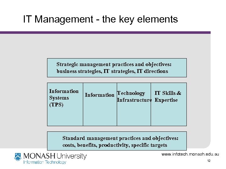 IT Management - the key elements Strategic management practices and objectives: business strategies, IT