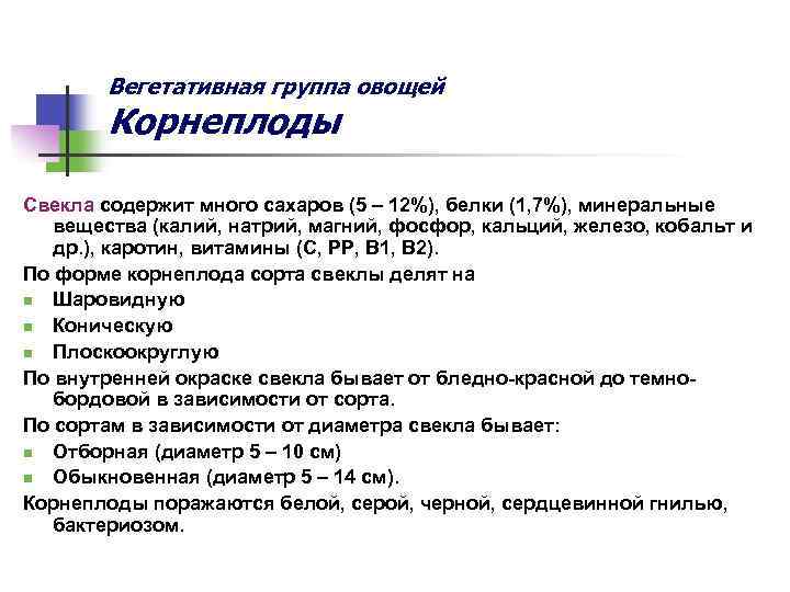 Вегетативная группа овощей Корнеплоды Свекла содержит много сахаров (5 – 12%), белки (1, 7%),