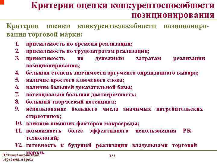 Критерии оценки конкурентоспособности позиционирования торговой марки: 1. 2. 3. приемлемость по времени реализации; приемлемость
