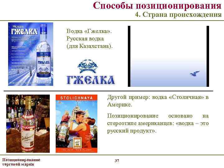 Способы позиционирования 4. Страна происхождения Водка «Гжелка» . Русская водка (для Казахстана). Другой пример: