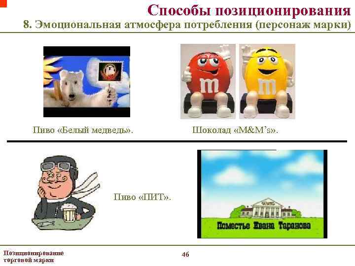 Способы позиционирования 8. Эмоциональная атмосфера потребления (персонаж марки) Пиво «Белый медведь» . Шоколад «M&M’s»