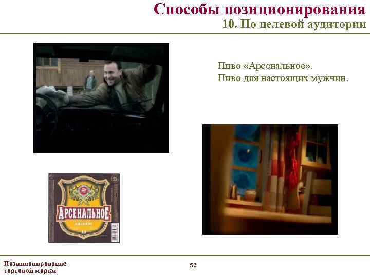 Способы позиционирования 10. По целевой аудитории Пиво «Арсенальное» . Пиво для настоящих мужчин. Позиционирование
