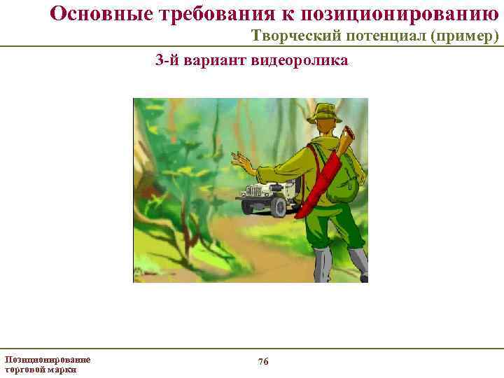 Основные требования к позиционированию Творческий потенциал (пример) 3 -й вариант видеоролика Позиционирование торговой марки