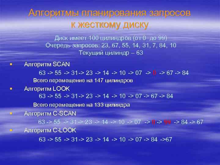 Алгоритмы планирования запросов к жесткому диску Диск имеет 100 цилиндров (от 0 до 99)