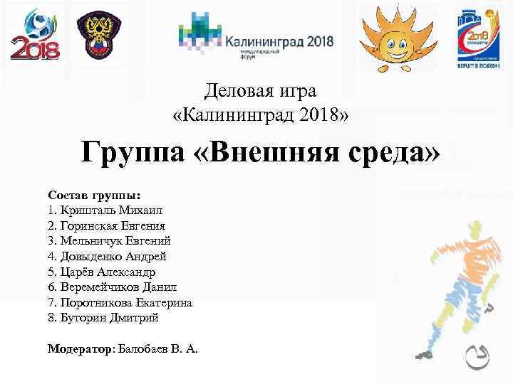 Деловая игра «Калининград 2018» Группа «Внешняя среда» Состав группы: 1. Кришталь Михаил 2. Горинская