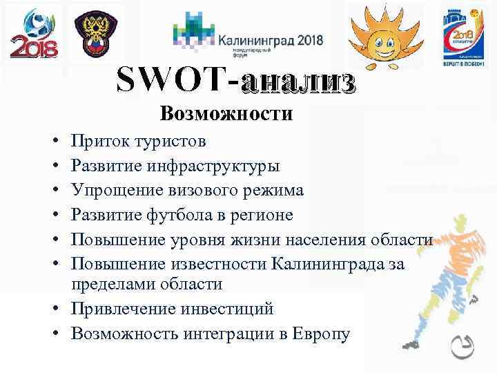 SWOT-анализ Возможности • • • Приток туристов Развитие инфраструктуры Упрощение визового режима Развитие футбола