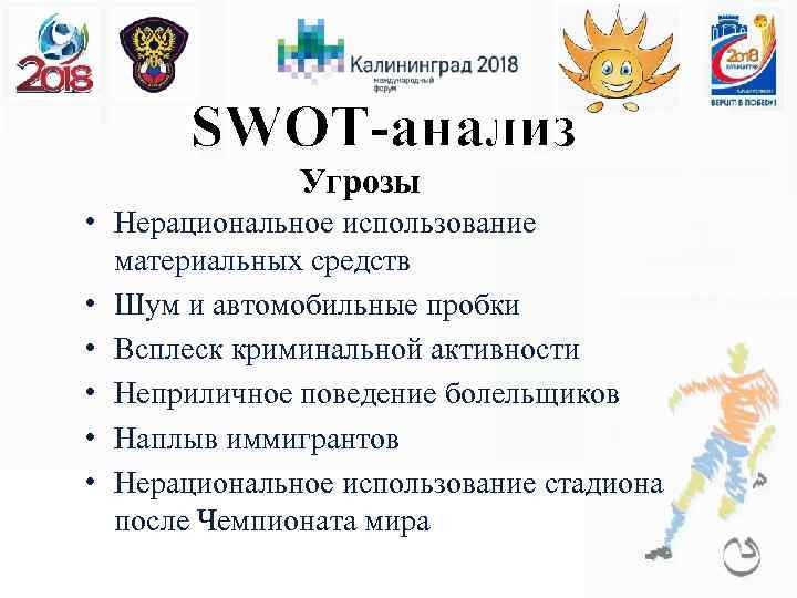 SWOT-анализ Угрозы • Нерациональное использование материальных средств • Шум и автомобильные пробки • Всплеск