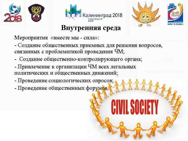 Внутренняя среда Мероприятия «вместе мы - сила» : - Создание общественных приемных для решения