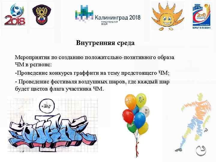 Внутренняя среда Мероприятия по созданию положительно-позитивного образа ЧМ в регионе: -Проведение конкурса граффити на