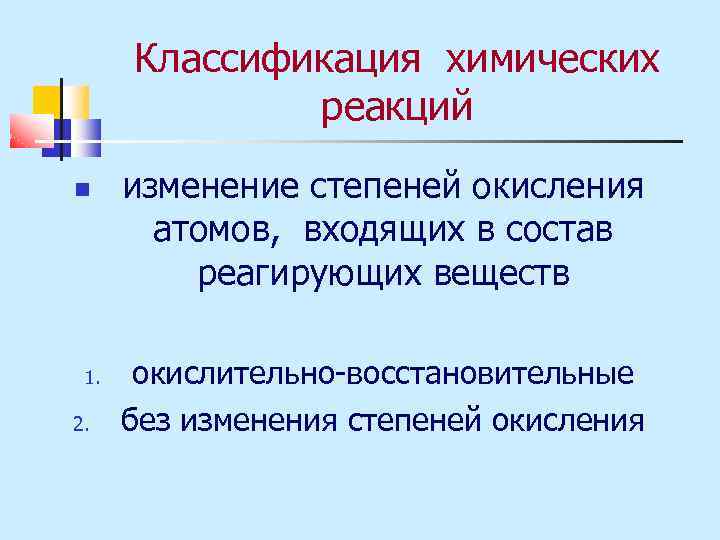 Классификация химических реакций 1. 2. изменение степеней окисления атомов, входящих в состав реагирующих веществ