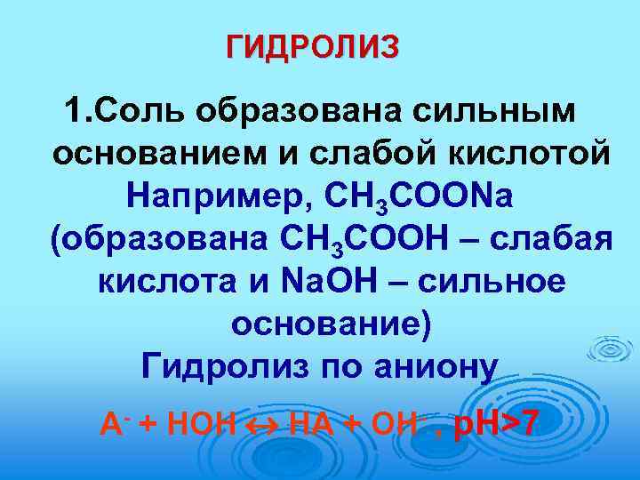 ГИДРОЛИЗ 1. Соль образована сильным основанием и слабой кислотой Например, CH 3 COONa (образована