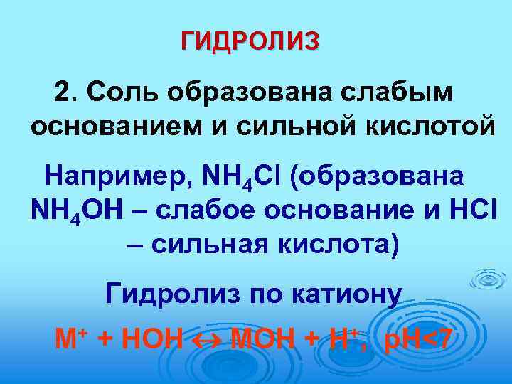 ГИДРОЛИЗ 2. Соль образована слабым основанием и сильной кислотой Например, NH 4 Cl (образована