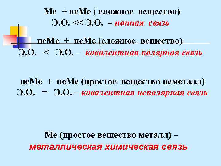 Ме + не. Ме ( сложное вещество) Э. О. << Э. О. – ионная