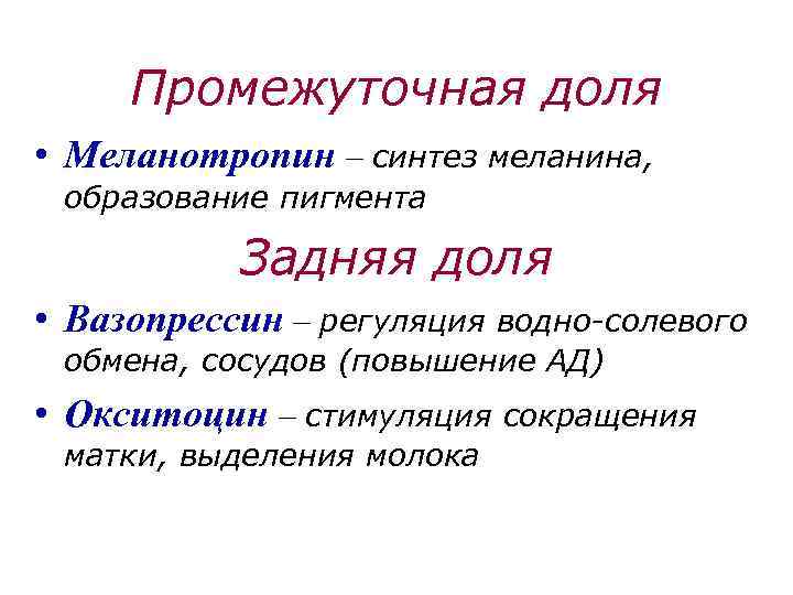 Промежуточная доля • Меланотропин – синтез меланина, образование пигмента Задняя доля • Вазопрессин –