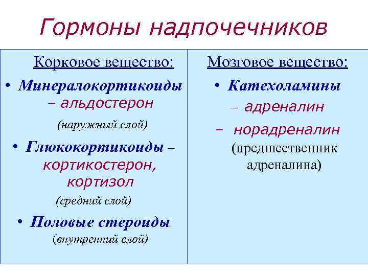 Гормоны надпочечников Корковое вещество: • Минералокортикоиды – альдостерон (наружный слой) • Глюкокортикоиды – кортикостерон,