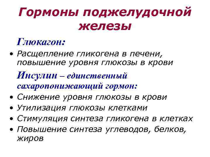 Гормоны поджелудочной железы Глюкагон: • Расщепление гликогена в печени, повышение уровня глюкозы в крови