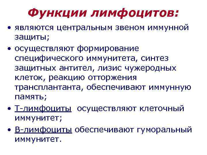 Функции лимфоцитов: • являются центральным звеном иммунной защиты; • осуществляют формирование специфического иммунитета, синтез