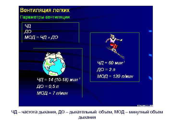 ЧД – частота дыхания, ДО – дыхательный объем, МОД – минутный объем дыхания 