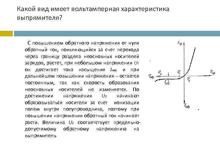 Какой вид имеет вольтамперная характеристика выпрямителя? С повышением обратного напряжения от нуля обратный ток,