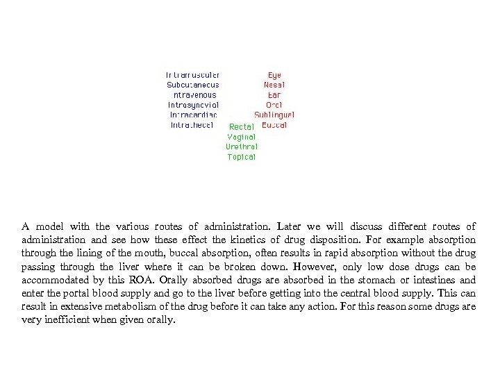 A model with the various routes of administration. Later we will discuss different routes