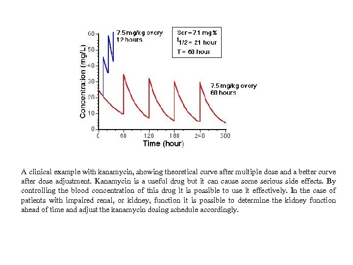 A clinical example with kanamycin, showing theoretical curve after multiple dose and a better
