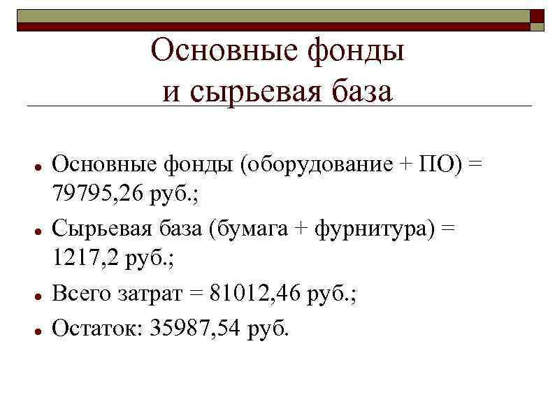 Основные фонды и сырьевая база Основные фонды (оборудование + ПО) = 79795, 26 руб.