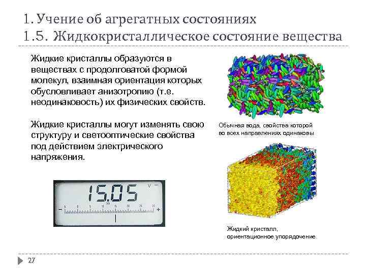 1. Учение об агрегатных состояниях 1. 5. Жидкокристаллическое состояние вещества Жидкие кристаллы образуются в