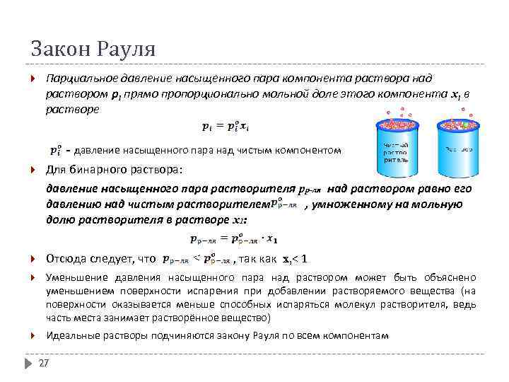 Закон Рауля Парциальное давление насыщенного пара компонента раствора над раствором рi прямо пропорционально мольной