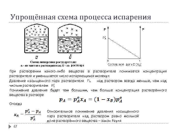 Упрощённая схема процесса испарения При растворении какого-либо вещества в растворителе понижается концентрация растворителя и