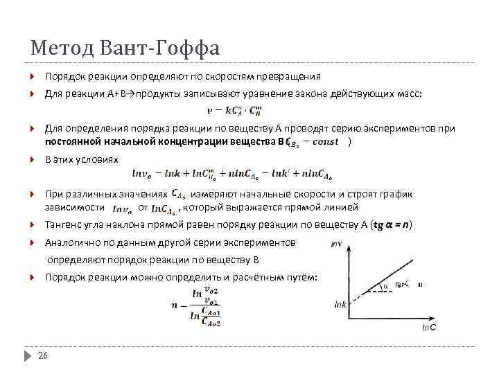 Метод Вант-Гоффа Порядок реакции определяют по скоростям превращения Для реакции А+В→продукты записывают уравнение закона