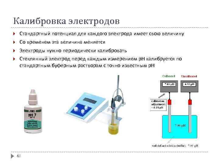 Калибровка электродов Стандартный потенциал для каждого электрода имеет свою величину Со временем эта величина