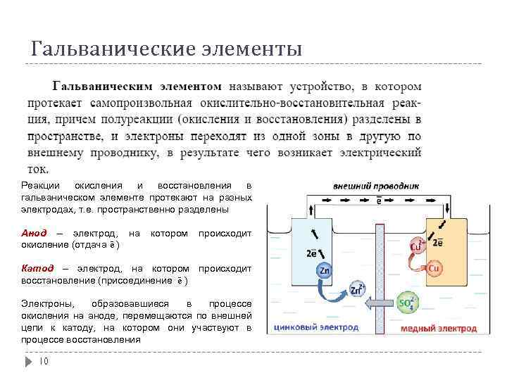 Гальванические элементы Реакции окисления и восстановления в гальваническом элементе протекают на разных электродах, т.