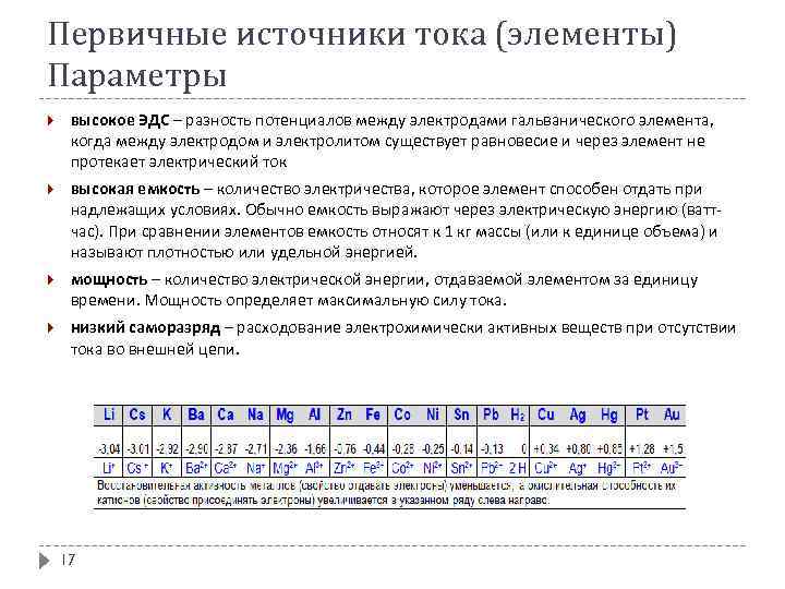 Первичные источники тока (элементы) Параметры высокое ЭДС – разность потенциалов между электродами гальванического элемента,